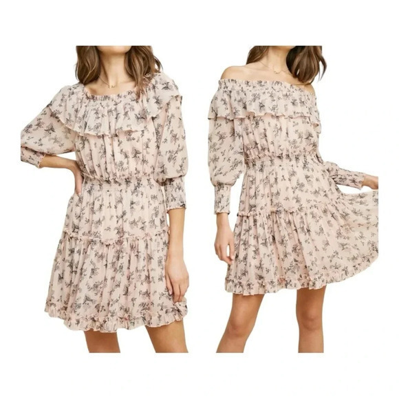 HAYDEN Los Angeles Floral Off Shoulder Mini Dress Blush Tiered‎ Women Size Small - Picture 1 of 14